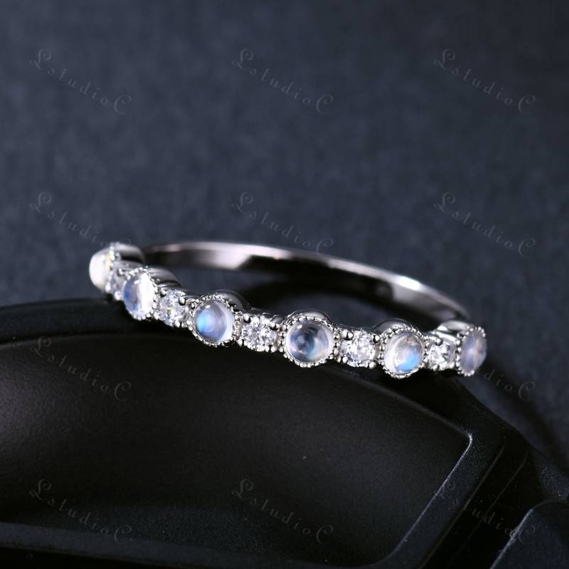 Regenbogen Mondstein Cz Diamant Ehering Weißgold 14K 18K Sterling Silber Braut Stapelring Vintage Jahrestag Geschenk Frauen von LstudioC