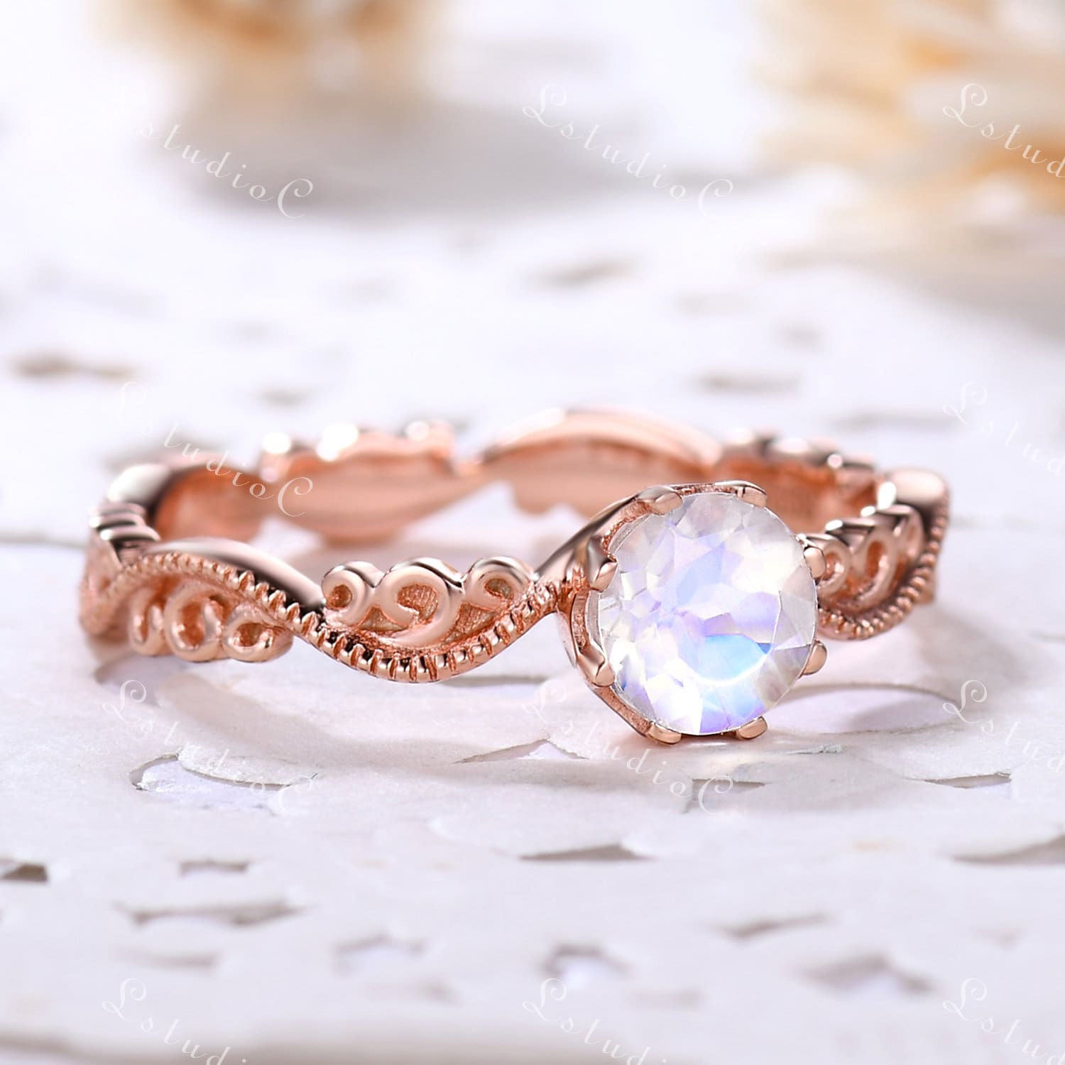 Regenbogen Mondstein Verlobungsring Blatt Ring Sterling Silber Rosegold Vintage Unikat Für Frauen von LstudioC