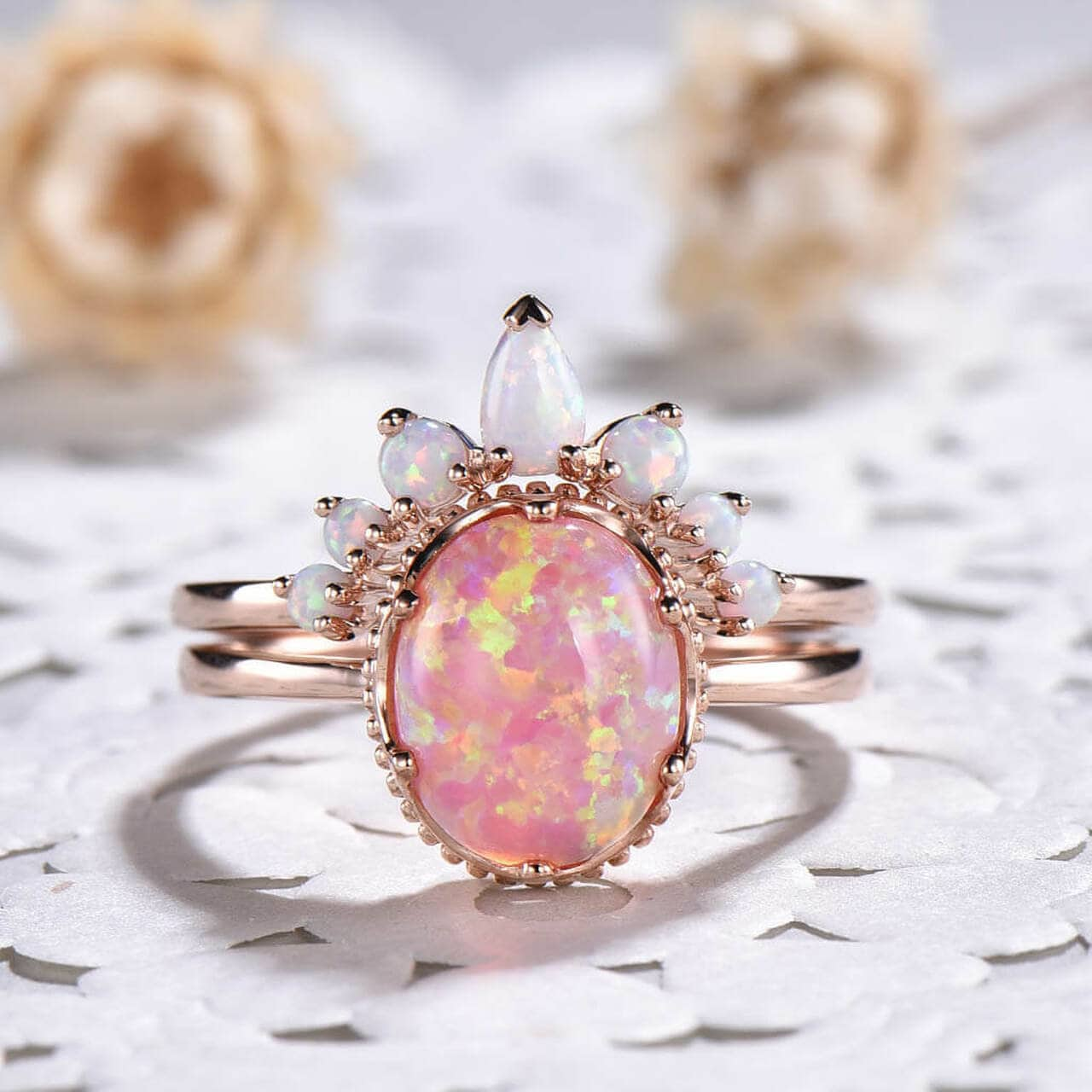 Rosa Opal Ring Set Rosegold Feueropal Verlobungsring Vintage Gold Silber Zierlicher Frauen Geburtsstein von LstudioC