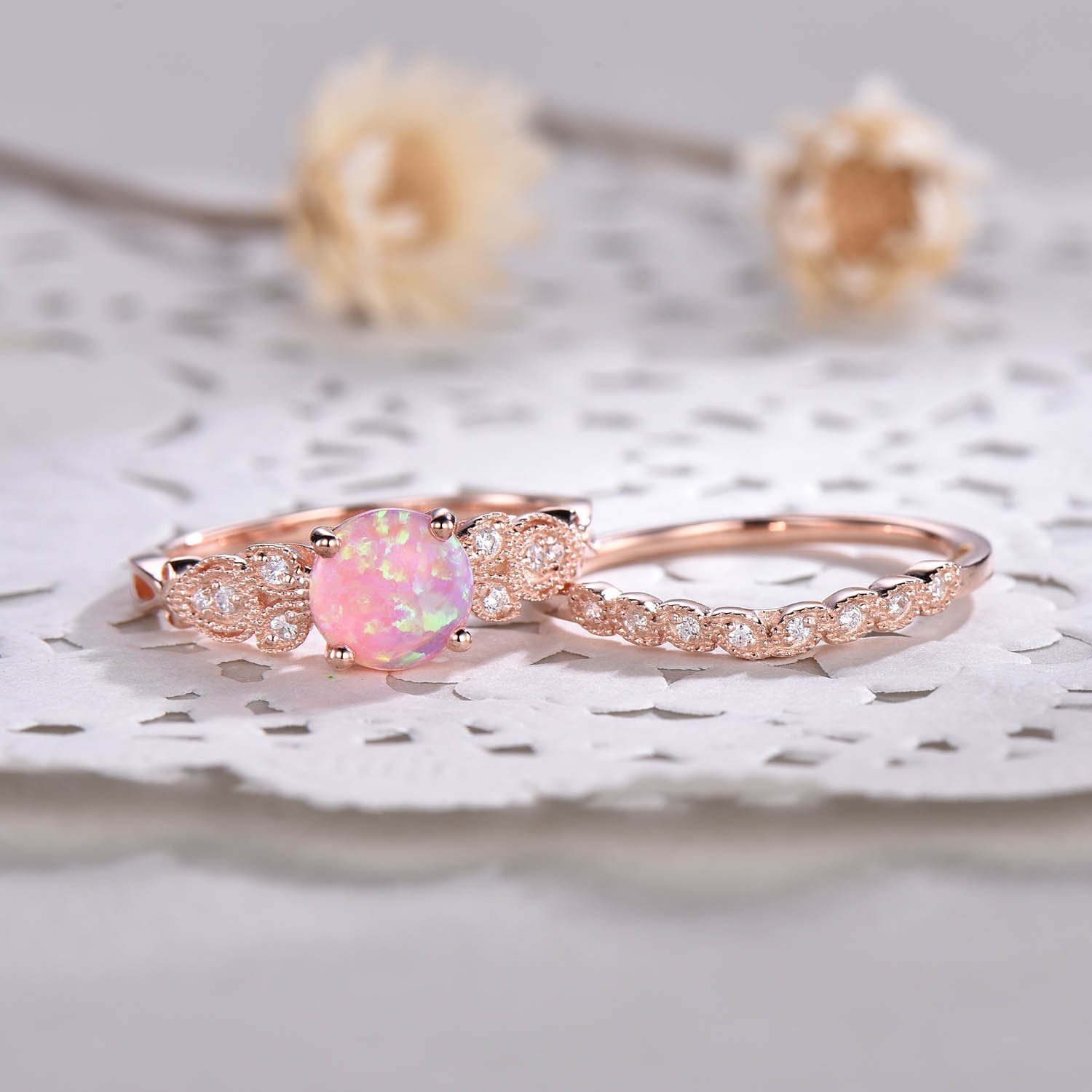 Rosa Opal Verlobungsring Set Vintage Rosegold Feuer Ring Sterling Silber Cz Diamant Stapelring Antik Braut Frauen von LstudioC