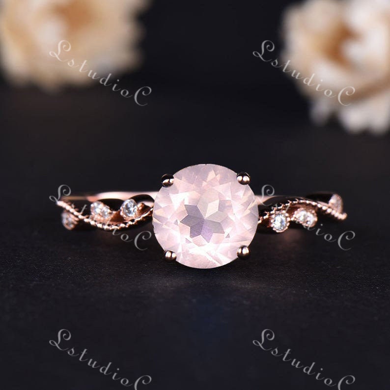 Rosenquarz Ring Silber Rosegold Verlobungsring Cz Diamant Band Milgrain Unikat Frauen Braut Versprechen Jahrestag Geschenk Antik Art Deco von LstudioC