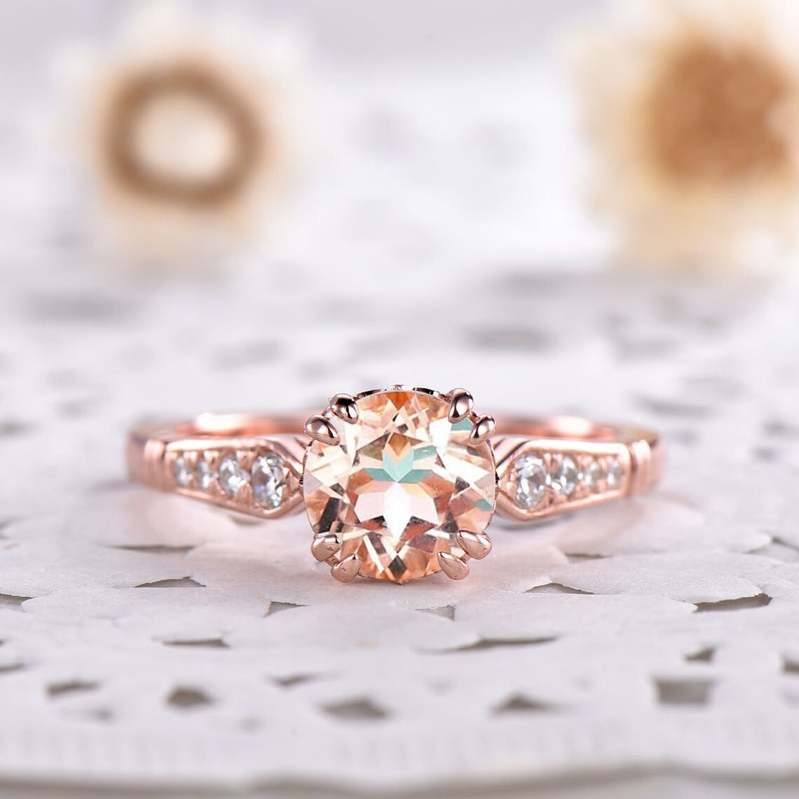 Runder Morganit Ring Pink Verlobungsring Sterling Silber 14K Rose Gold Vintage Edelstein Für Frauen von LstudioC