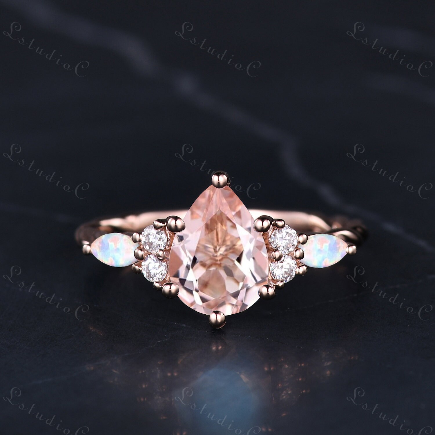 Vintage Birnenform Geschnitten Rosa Morganit Ring Solide Rose Gold Marquise Opal Verlobungsring Cluster Moissanite Edelstein Frauen Versprechen von LstudioC