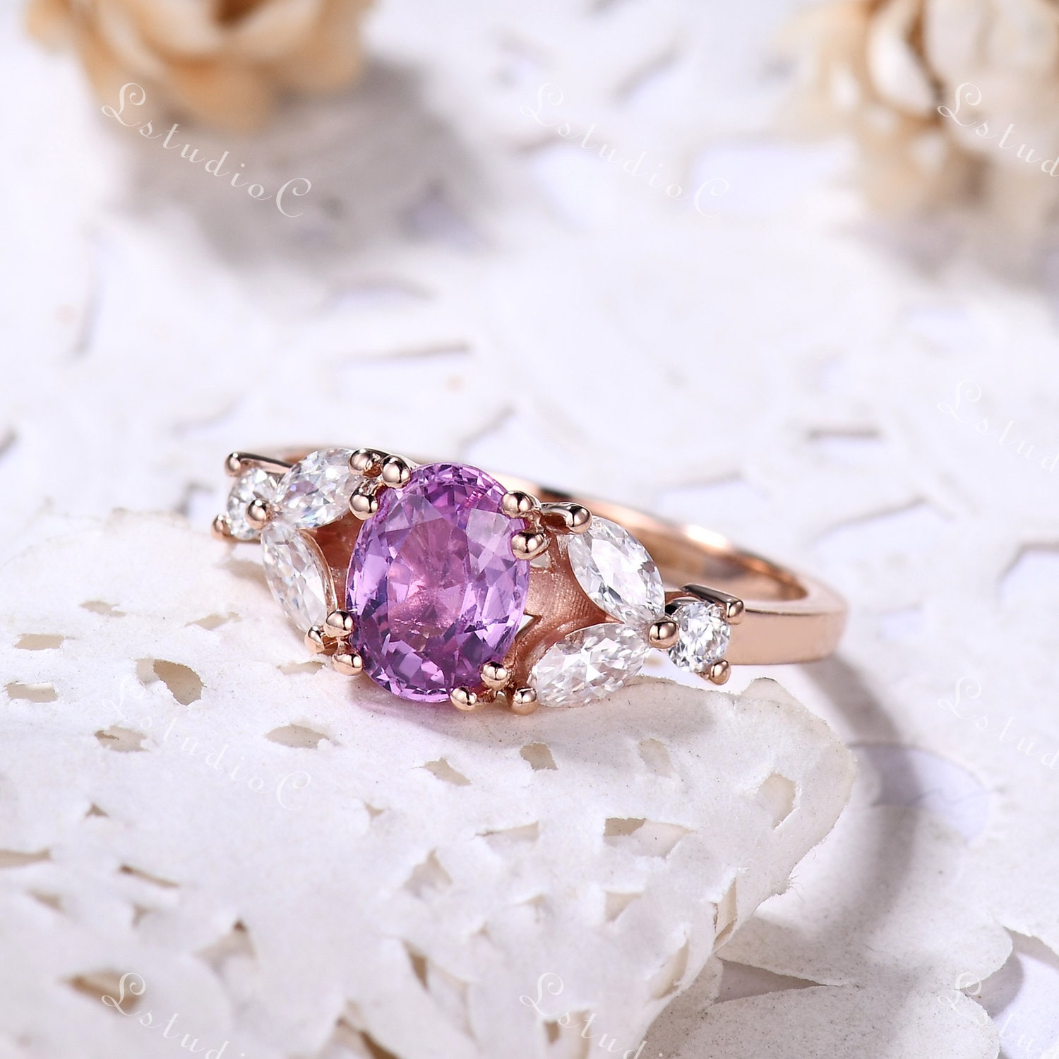 Vintage Oval Amethyst Verlobungsring 14K Rose Gold Marquise Moissanite Ring Februar Birthstone Blatt Art Deco Für Frauen von LstudioC