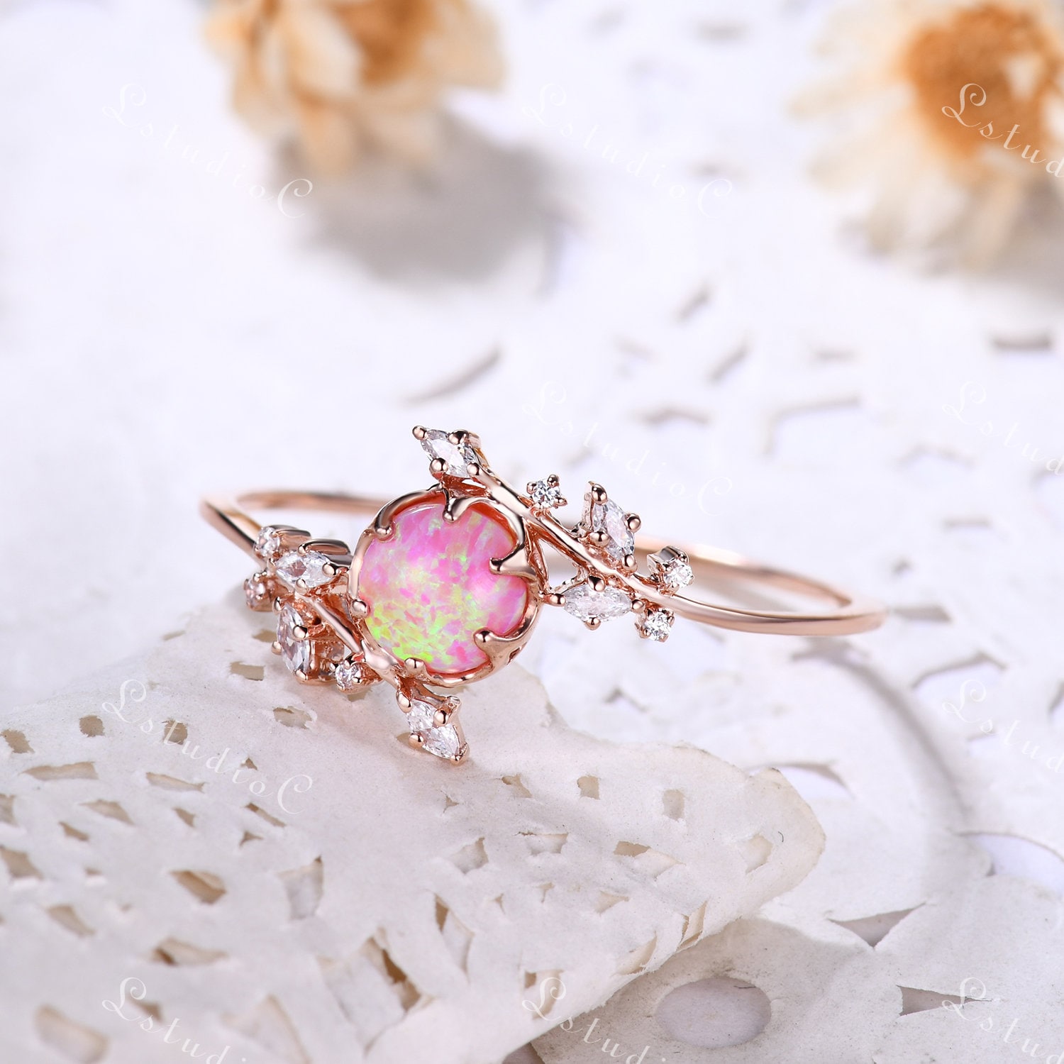 Vintage Pink Opal Blume Verlobungsring Art Deco Feuer Zweig Ring Einzigartiger Blatt Moissanite Antik Natur Inspiriert Für Frauen von LstudioC