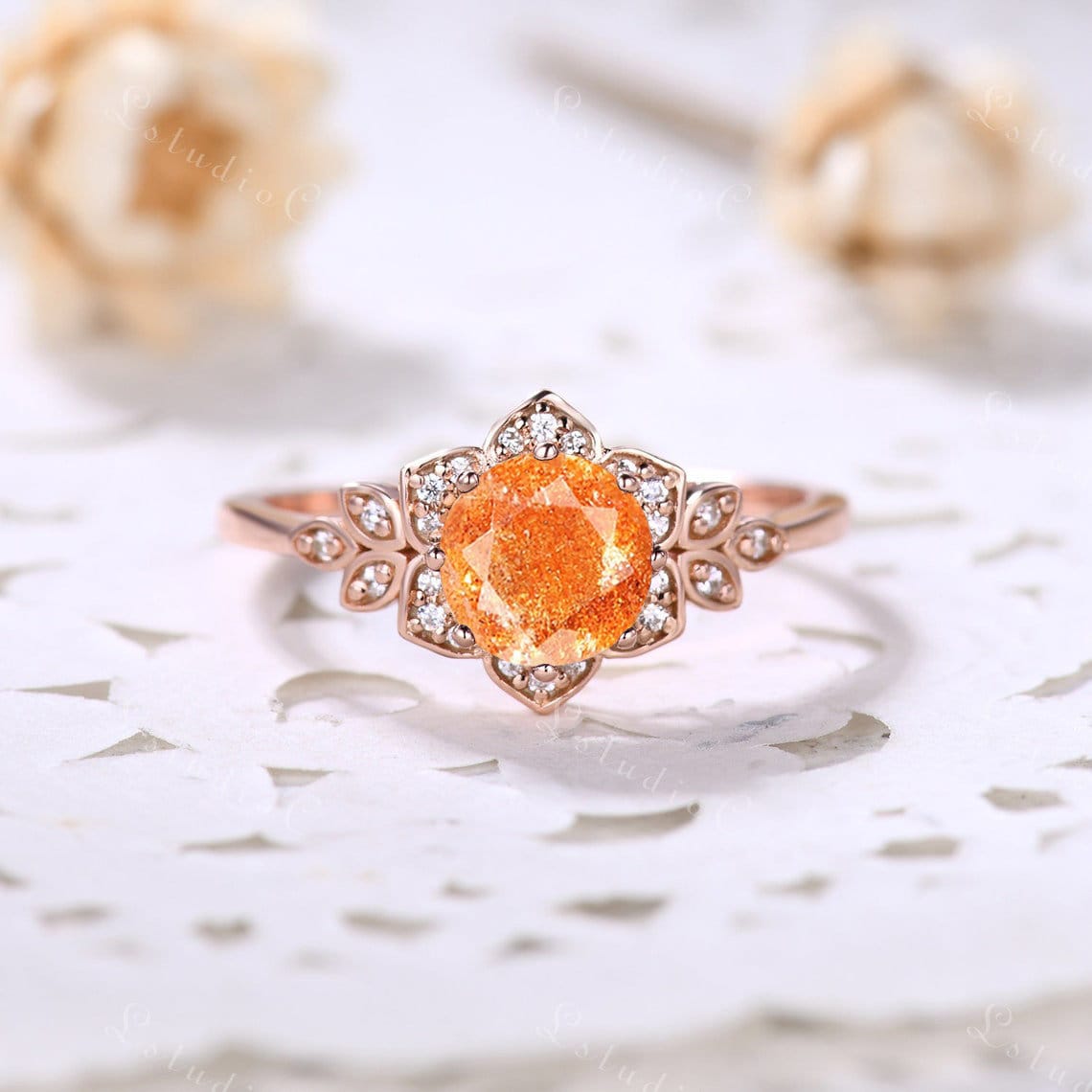 Vintage Rose Gold Sonnenstein Ring Antik Retro Unikat Cz Diamant Halo Für Frauen Verlobung Hochzeit Braut von LstudioC