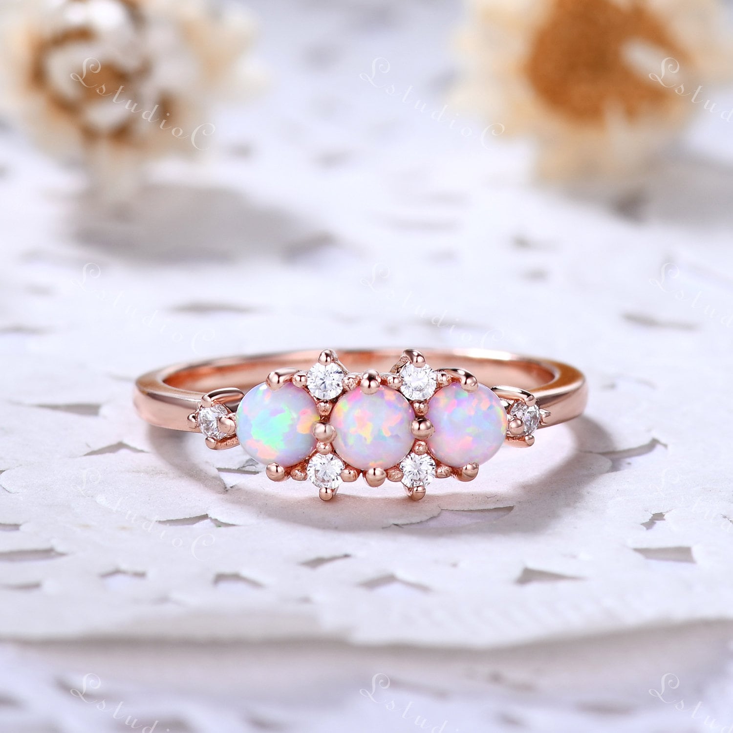 Zierlicher Opal Verlobungsring Rosegold Unikat Feueropal Ehering Cluster Ring Vintage Frauen Jahrestag Geschenk Für Sie von LstudioC