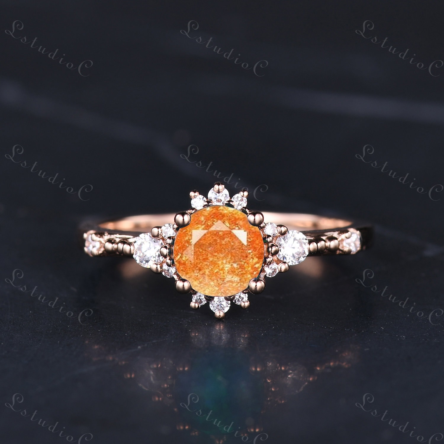 Zierlicher Sonnenstein Verlobungsring Rose Gold Natürlicher Ring Minimalist Ehering Sterling Silber Versprechen Jahrestagsgeschenk von LstudioC