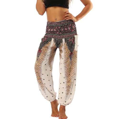 Lu's Chic Damen Boho Hose Harem Gesmokte Taille Yoga Hippie Palazzo Sommer Strand Hosen - Beige - Einheitsgröße von Lu's Chic