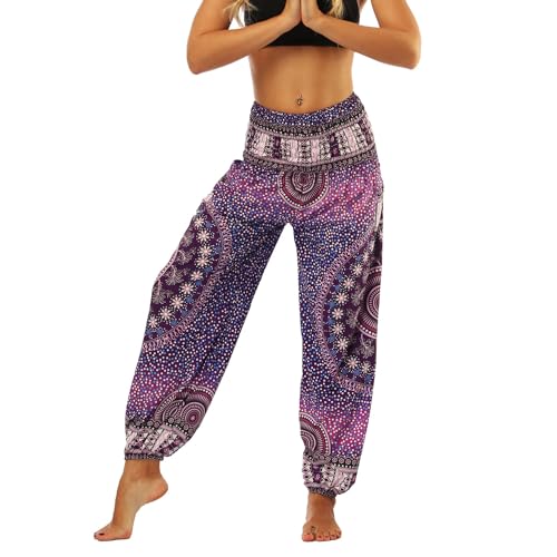 Lu's Chic Damen Boho Hose Harem Gesmokte Taille Yoga Hippie Palazzo Sommer Strand Hosen - Violett - Einheitsgröße von Lu's Chic