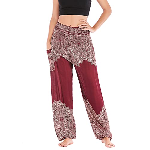 Lu's Chic Damen Boho Hosen Rayon Harem gesmokte Taille Yoga Hippie Palazzo Sommer Strand Hose - Rot - Einheitsgröße von Lu's Chic