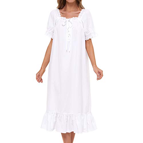 Lu's Chic Damen Viktorianisches Nachthemd Baumwolle Nachtwäsche Lange Loungewear Kurzarm Vintage, A-weiß, X-Large von Lu's Chic