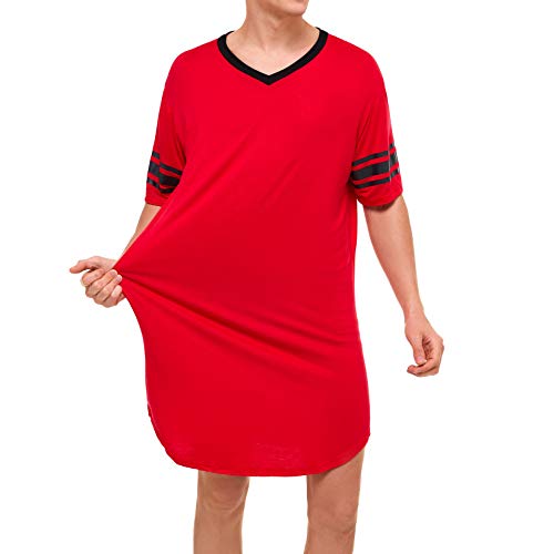 Lu's Chic Herren-Nachthemd mit V-Ausschnitt, kurzärmelig, Baumwolle, Schlafanzug, Schlafhemd - Rot - Small von Lu's Chic
