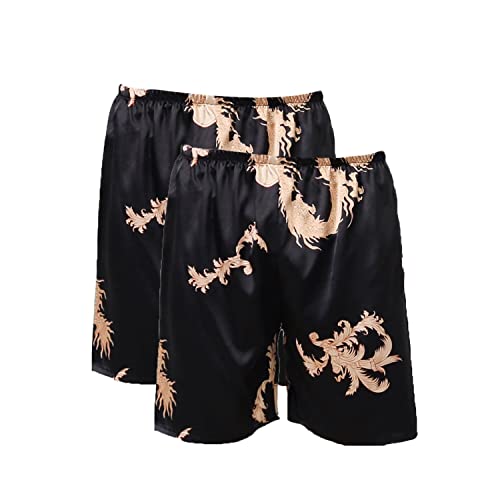 Lu's Chic Herren Satin Boxershorts Unterwäsche Shorts Seide Dragon Luxus Loungewear Pyjama Hose, H-Schwarz + Schwarz (2er-Pack), X-Large von Lu's Chic