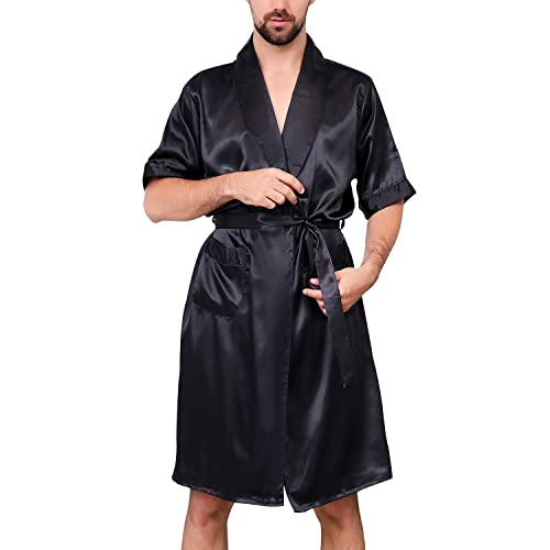 Lu's Chic Herren Satin Kimono Robe Seide Kurzarm Sommer Bademantel Taschen Nachthemd Robe Robe - Schwarz - X-Large von Lu's Chic