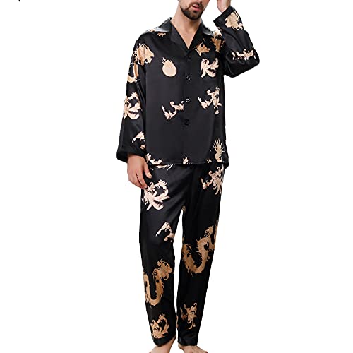 Lu's Chic Herren Seidig Pyjama Set Satin Langarm Loungewear Button Down Luxus Pj Nachtwäsche, Schwarz, X-Large von Lu's Chic