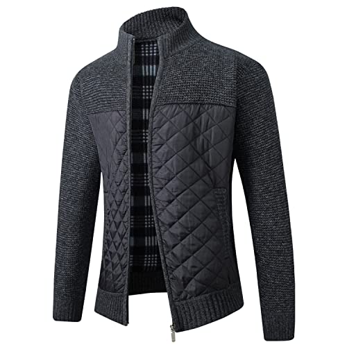 Lu's Chic Herren Strickjacke Langarm Thermo Slim Fit Full Zip Steppjacke Business Casual Knit Mäntel Tasche, A-Schwarz, L von Lu's Chic