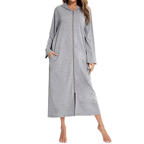Lu's Chic Langer Damen-Bademantel mit Kapuze und Reißverschluss, volle Länge, solide Tasche, Hausmantel, Nachtwäsche, GRAU, Small von Lu's Chic