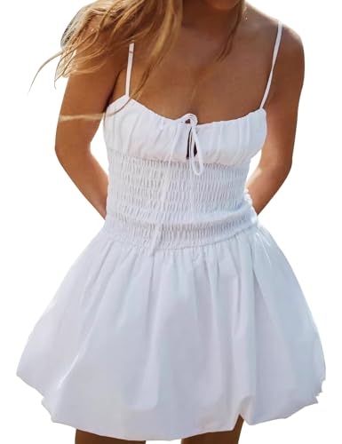 LuFeng Damen Sommer Gerafftes Korsett Kleid Spaghettiträger Sommerkleid Ärmellos Büste Krawatte Kleid, Weiss/opulenter Garten, Mittel von LuFeng