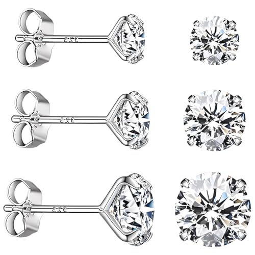 LuLiyLdJ 3 Paar Diamant-Mädchen-Ohrringe für Damen, 4, 5, 6 mm, Ohrringe für Damen und Herren, hypoallergene Ohrringe, Silber von LuLiyLdJ