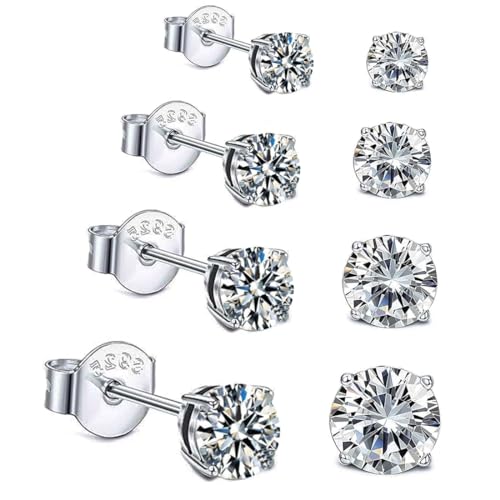 LuLiyLdJ 4 Paar Diamant-Mädchen-Ohrringe für Damen, 3, 4, 5, 6 mm, Herren- und Damen-Ohrringe, hypoallergene Ohrringe, Silber von LuLiyLdJ