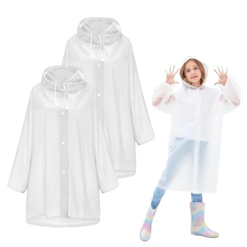 LuLiyLdJ Eva Atmungsaktiv Regenschutz Regenmantel Kinder für Mädchen Jungen Wandern Camping Reisen, Wiederverwendbar Wasserdicht Regencape Kinder mit Kapuze und Ärmeln, (Weiß), 2 Stück von LuLiyLdJ