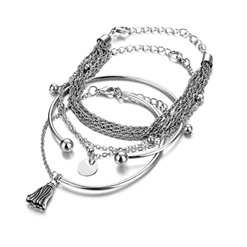 LuLiyLdJ Packung mit 4 Boho-Armbändern mit silbernen Quasten, Perlen und Pailletten - geeignet für Damen und Mädchen von LuLiyLdJ