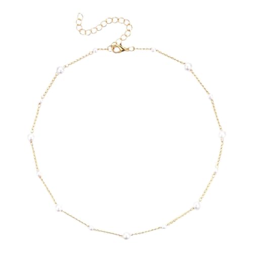 LuLiyLdJ Perlen Kette Damen Frauen Gold Halskette mit Süßwasserperlen Mädchen Teenager Weiße Perle Choker Kette für Freundin Strang Hochzeit, Kette Perlen, Damen Kette Gold, 1 Stück von LuLiyLdJ