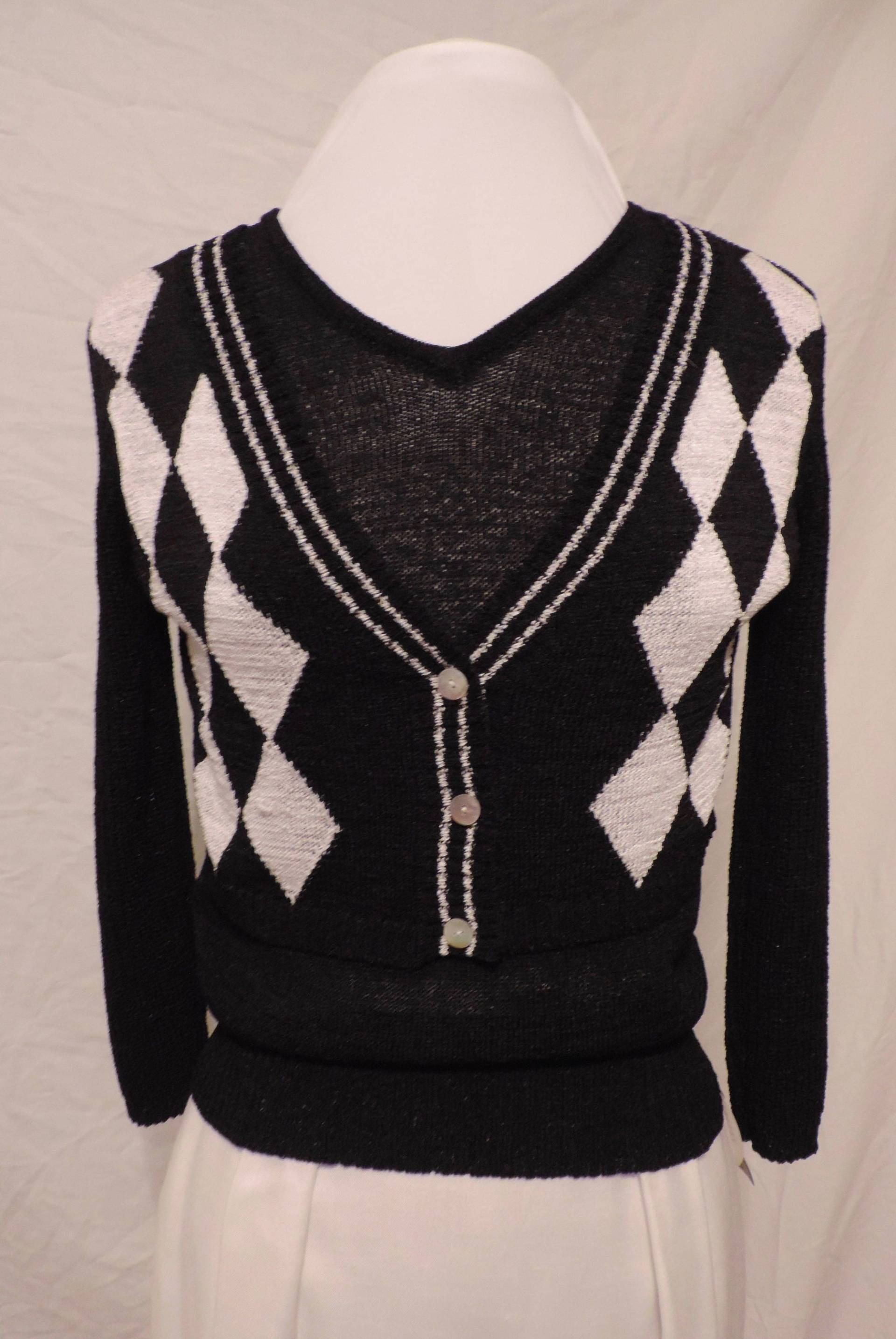 Vintage Schwarz-Weiß Strick Top, Mit V-Ausschnitt Und Angebrachter Wendiger Weste 1990Er Jahre Größe S/M von LuLusClassicVintage
