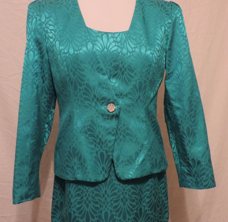 Vintage Teal Türkis Zweiteiler Cocktail, Partykleid Mit Jacke, Damast Oder Brokat Design, Made in Usa, Größe 10 Vintage Teal Türkis Zweiteiler Cocktail, Partykleid Mit Jacke, Damast Oder Brokat Design, Made in Usa, Größe 10 von LuLusClassicVintage