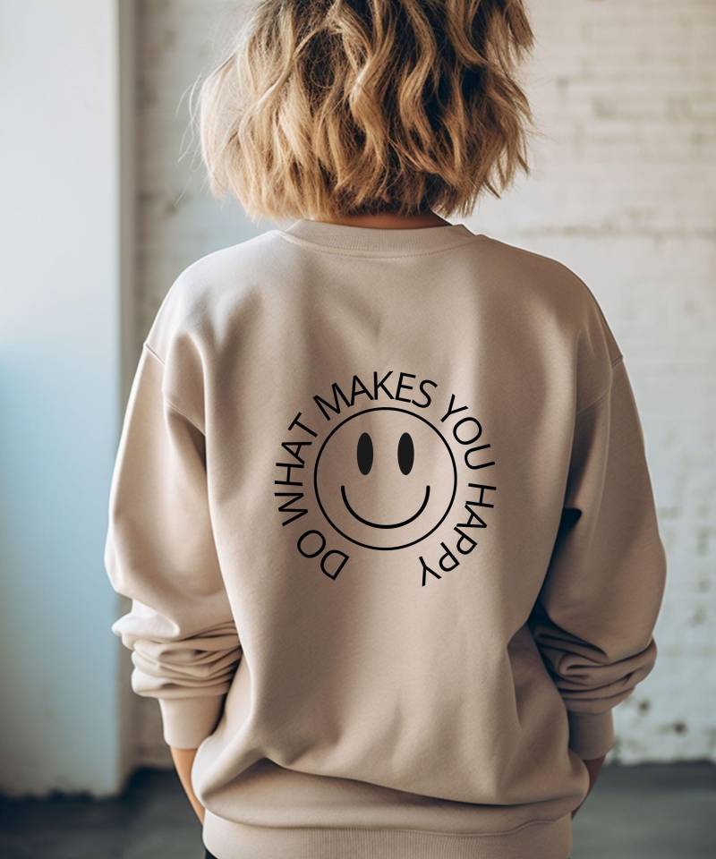 Oversize Sweatshirt Damen - Do What Makes You Happy Pullover Beiger Smiley Sweater Gemütliche Damenmode Casual Streetwear von LuMaShopDesign