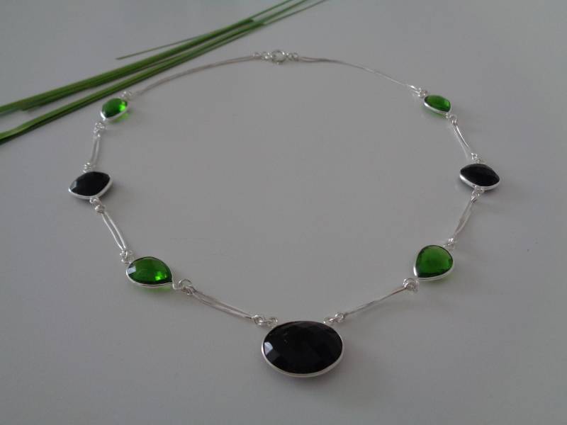 Edelstein Silber Kette Mit Onyx Und Peridot, Lu-0325 von LuNagarie