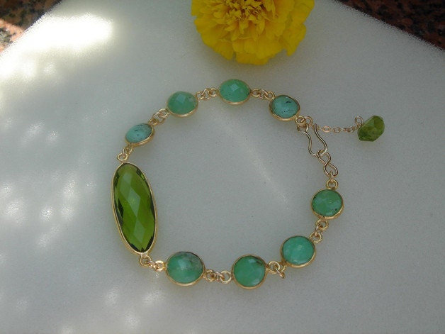 Gold Armband Mit Peridot-Quarz Und Chrysopras, Edelstein Armband, Lu-0299 von LuNagarie