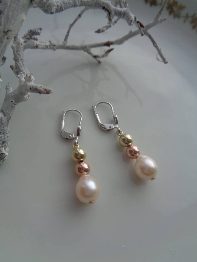 Perlen Ohrringe Tricolor Weißgold Rotgold Gelbgold 585, Lu-0337 von LuNagarie