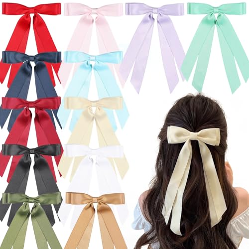 12 Stück doppellagige Haar-Accessoires – seidige Satinband-Schleifen-Clips mit langem Schwanz für Frauen 12 Stück doppellagige Haar-Accessoires – seidige Satinband-Schleifen-Clips mit langem Schwanz für Frauen von LuSeren