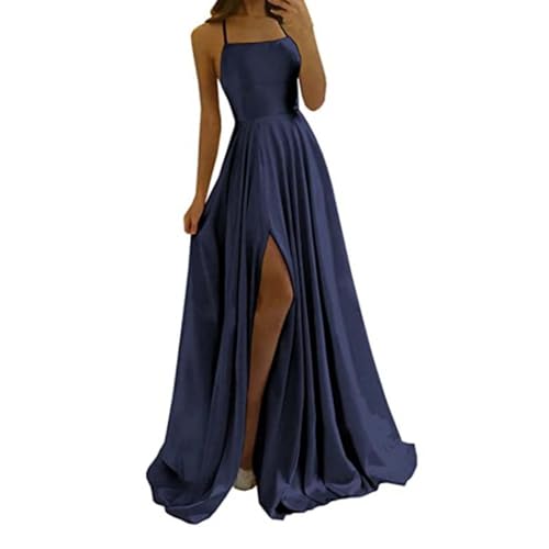 Abendkleid Damen Elegant Neckholder Abendkleide Spaghettiträgern A-Line Brautjungfernkleider Partykleid Mit Schlitz Ärmellos Ballkleider Jugendweihe Brautmutterkleider,Marineblau,M von Luadnysin