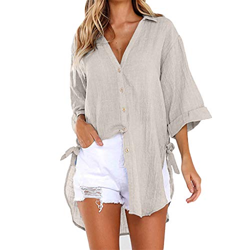 Luadnysin Damen Oberteile Sommer Blusen Oberteile Tops Tunika Hemd V-Ausschnitt Kurzarm Sommershirts Elegant Oversized Sommerbluse Einfarbig Schwarzes 3/4 Arm Baumwolle Hemdjacke Hemdbluse von Luadnysin