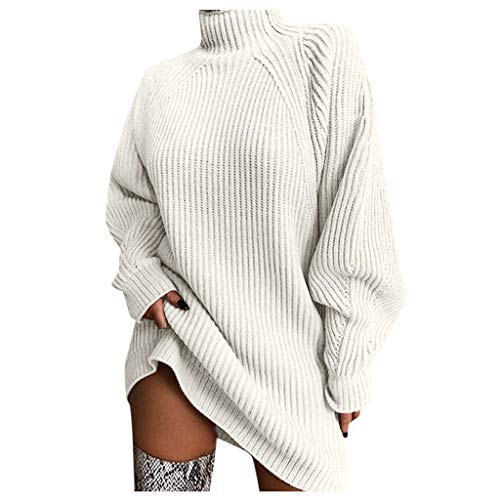 Damenkleid Herbst Rollkragenpullover Knielang Langarm Herbstkleid Rollkragen Longpulli Winterkleider Knitted Beige Oversize Pullover Weihnachtskleidung Lange Herbst/Winter Langarm Kleid Pulloverkleid von Luadnysin