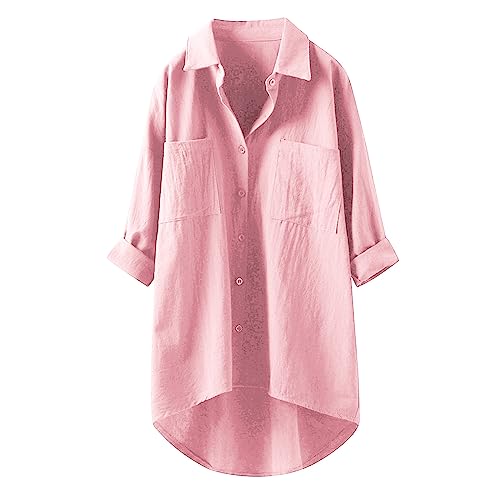 Luadnysin Lange Bluse Damen Leinenhemd Lang, Kariert Shirt Frühling Revers Langarmshirt Knopfleiste Hemd Leinenbluse Lose Longbluse Blusenshirt Oberteile Tops, Z9 Rosa, 3XL von Luadnysin