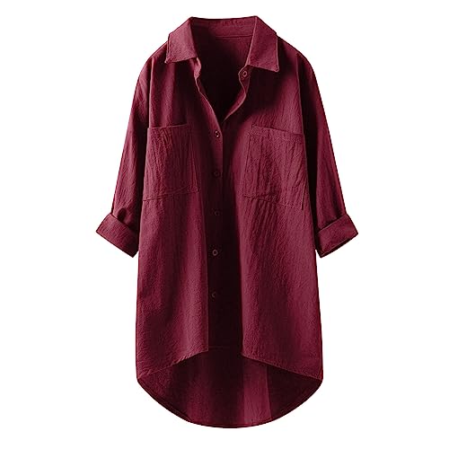 Luadnysin Lange Bluse Damen Leinenhemd Lang, Kariert Shirt Frühling Revers Langarmshirt Knopfleiste Hemd Leinenbluse Lose Longbluse Blusenshirt Oberteile Tops, Z9 Wine, 3XL von Luadnysin