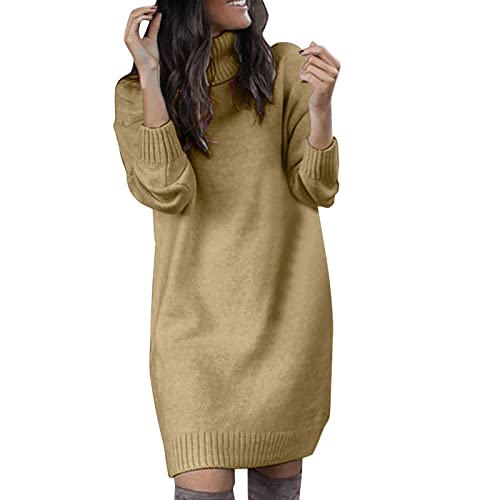 Luadnysin Blusenkleid Damen Knitted Dress Herbst/Winter Knielang Pullover Kleid Rollkragen Longpulli Strickkleid Lange Slim Fit Herbst Kleider Blusenkleid Lang Oversize Winterkleider Langarm Kleid von Luadnysin