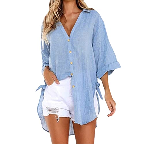 Luadnysin Damen Hemdbluse Hemdbluse Hemdjacke Blusen Oversized Elegant Musselin Bluse V-Ausschnitt Kurzarm Oberteile Tops Stehkragen Mode Große Größen Weißes Sommerbluse Tunika Hemd von Luadnysin