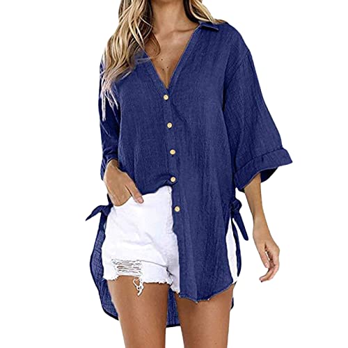 Luadnysin Damen Hemdbluse Knöpfleiste Kurzarm Hemdbluse Sommershirts Sommerbluse Elegant Oversized Stehkragen Baumwolle Schwarzes Einfarbig Hemdjacke Tunika Hemd Oberteile Tops Blusen von Luadnysin