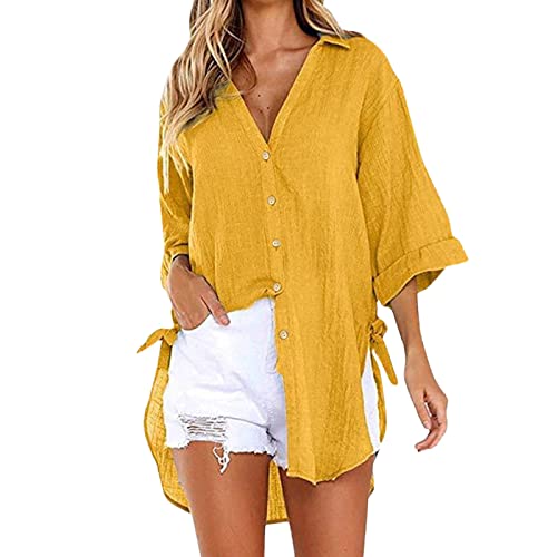 Luadnysin Damen Hemdbluse Knöpfleiste Kurzarm Hemdbluse Sommershirts Sommerbluse Elegant Oversized Stehkragen Baumwolle Schwarzes Einfarbig Hemdjacke Tunika Hemd Oberteile Tops Blusen von Luadnysin