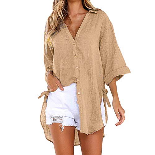 Luadnysin Damen Oberteile Sommer Blusen Oberteile Tops Tunika Hemd V-Ausschnitt Kurzarm Sommershirts Elegant Oversized Sommerbluse Einfarbig Schwarzes 3/4 Arm Baumwolle Hemdjacke Hemdbluse von Luadnysin