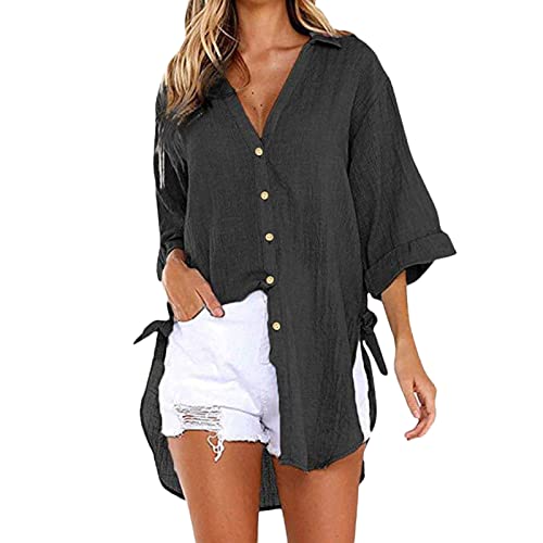 Luadnysin Hemd Damen Hemdjacke Oberteile Tops Blusen V-Ausschnitt Oversized Elegant Longbluse Knöpfleiste Leicht Einfarbig Sommerbluse Hemdbluse Stehkragen Schwarzes Tunika Hemd von Luadnysin