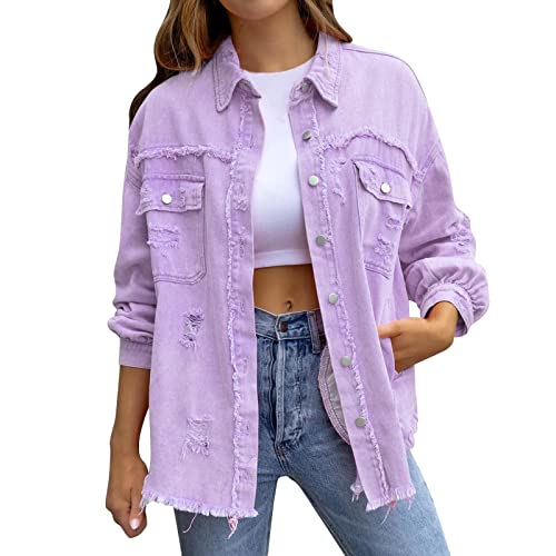 Luadnysin Jeansjacke Damen Oversize Frühling Kurz Übergangsjacken Denim Große Größen Jeansjacke Blouson Übergang Lighter Sommerjacke Jacket Sommer Jeansjacken Jacke Jeanshemd Damen-Jacken Lila L von Luadnysin