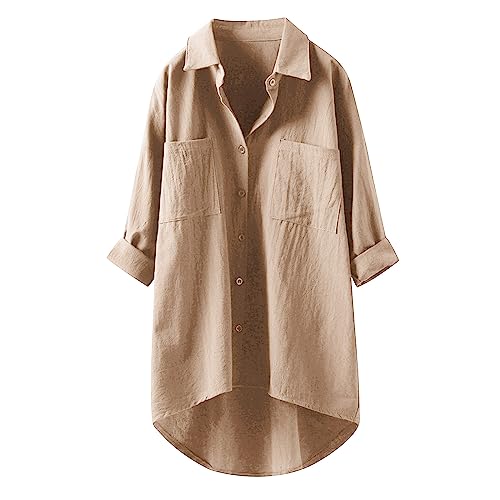 Luadnysin Lange Bluse Damen Leinenhemd Lang, Kariert Shirt Frühling Revers Langarmshirt Knopfleiste Hemd Leinenbluse Lose Longbluse Blusenshirt Oberteile Tops, Z9 Khaki von Luadnysin