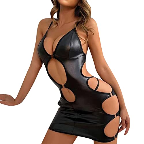 Luadnysin Leder Dessous Frauen, Lingerie Ouvert Frau Catsuit Unterwäsche Bodysuit Leder Mini Underwear Kurze Teddy Nachtwäsche Bikini Latex Catsuit Dessous Set Minikleid von Luadnysin