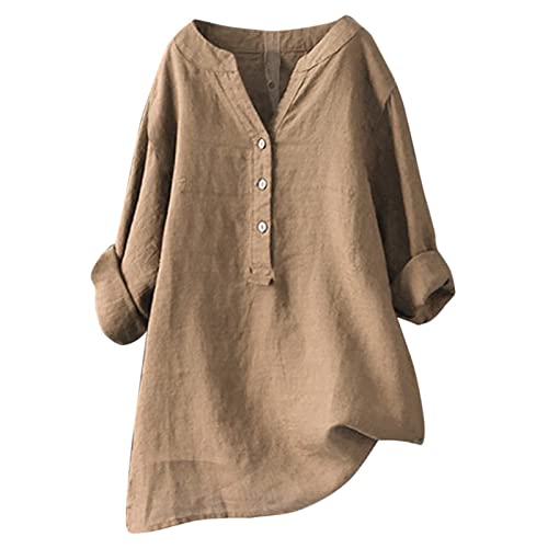 Luadnysin Leinenbluse Damen Sommer Sommer Lange Oberteile Strandbluse Leinenbluse Elegant Mit Knopfleiste Bunt Lässig 3/4 Arm Stehkragen Longshirt Musselin Bluse Longbluse Tunika lässig für Leggings von Luadnysin